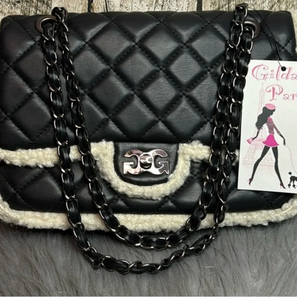 NWT Gilda Paris Black w/Sherpa Trim Crossbody Bag 11.5” x 8” x 3” NWT - Picture 1 of 4
